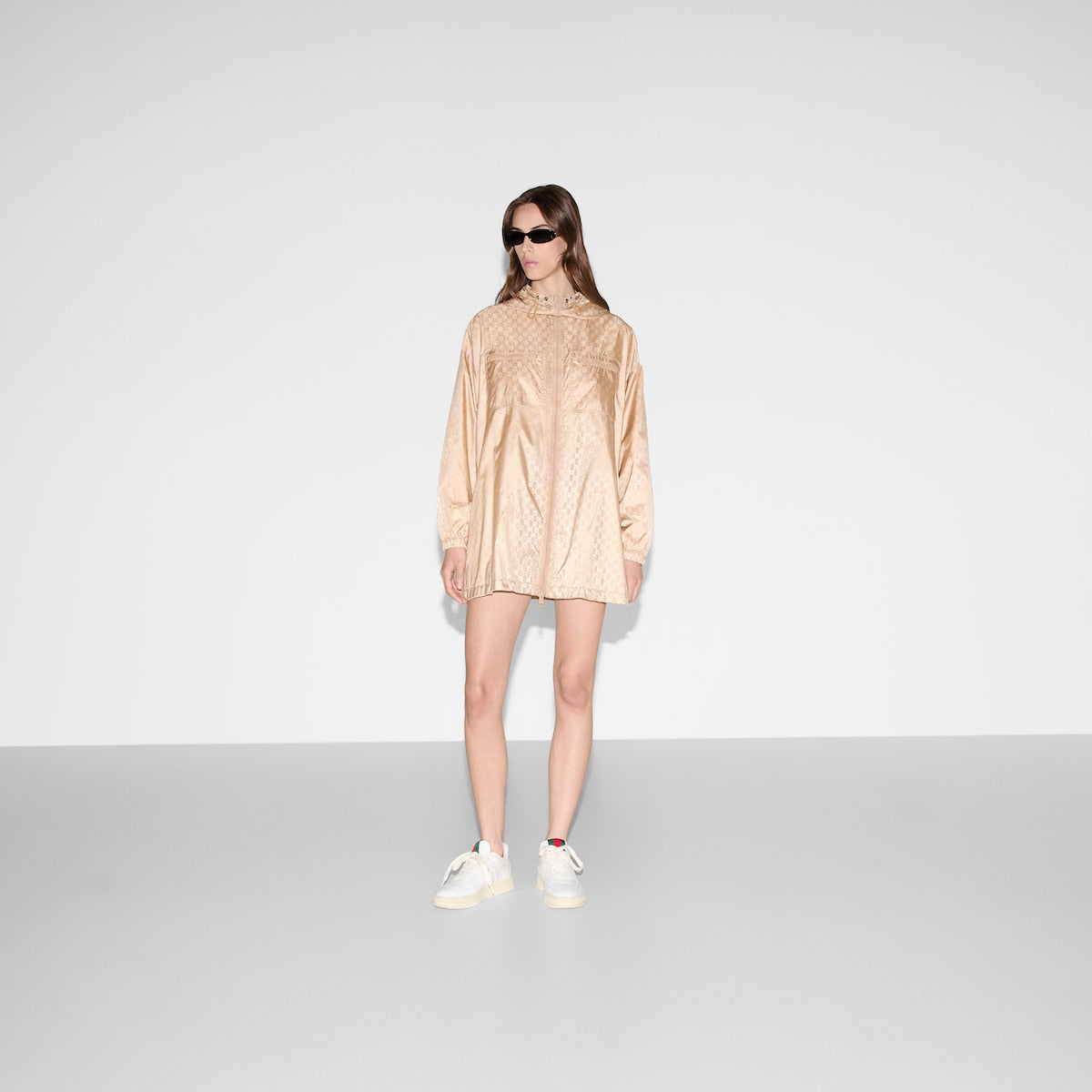 GG hooded jacket – light camel GG nylon jacquard Ribbon trim Lined Fixed hood with drawstring Dropped – LUX VERSE Luxury Designer Fashion Outlet