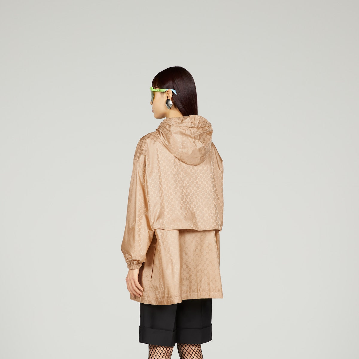 GG hooded jacket – light camel GG nylon jacquard Ribbon trim Lined Fixed hood with drawstring Dropped – LUX VERSE Luxury Designer Fashion Outlet