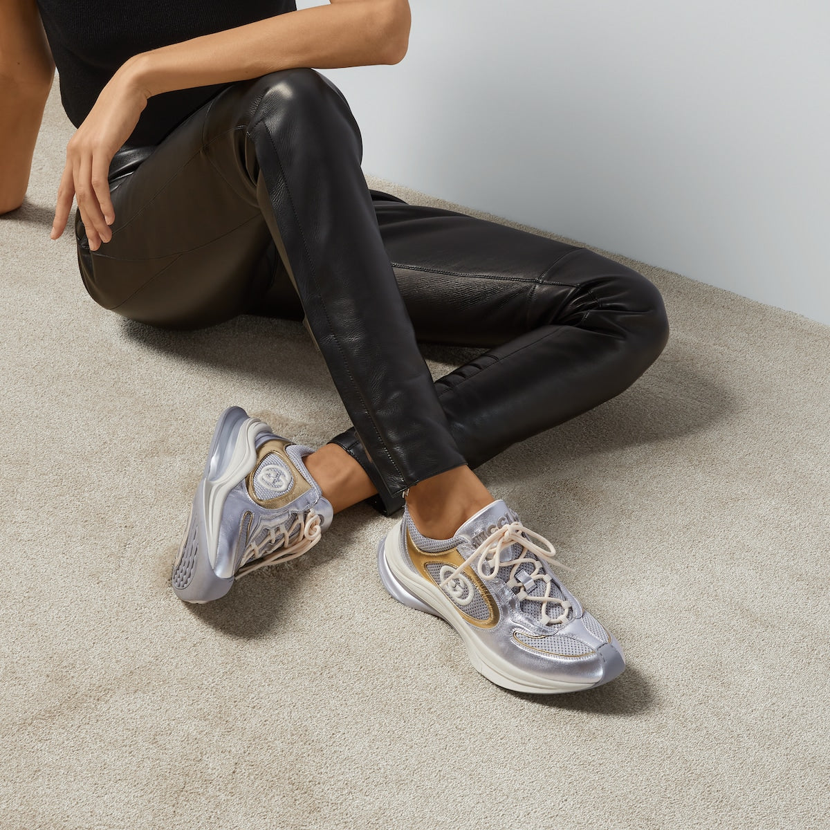 Women's Metalic Leather Run sneaker – this pair of streamlined sneakers is crafted from metallic letaher and enriched – LUX VERSE Luxury Designer Fashion Outlet