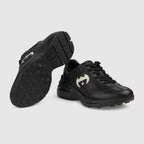 Women's leather Rhyton sneaker – black leather Women's Ivory trim Contrasting Interlocking G cut-out Rubber sole – LUX VERSE Luxury Designer Fashion Outlet