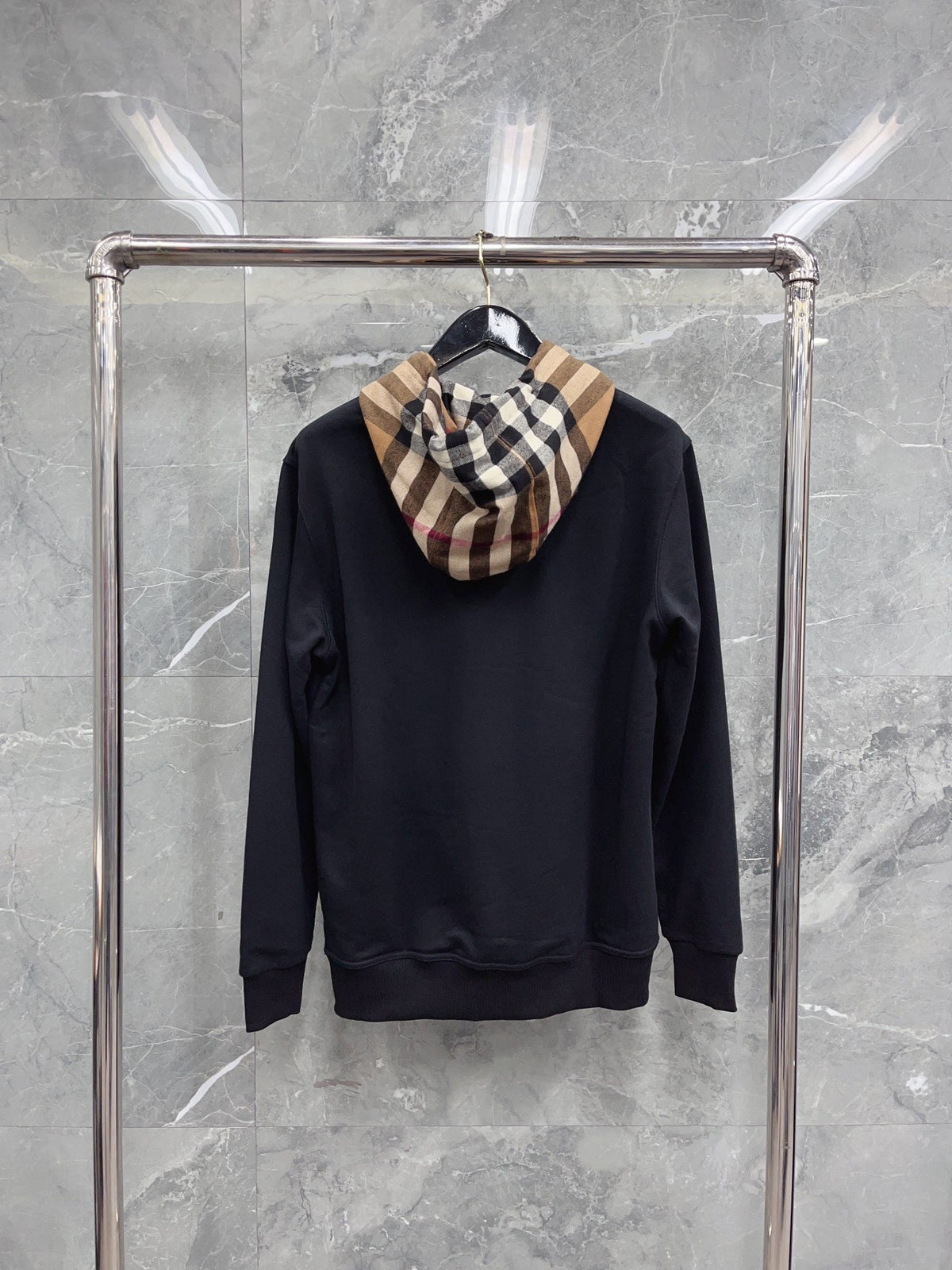 Black Cotton Check Lined Pullover - Men's