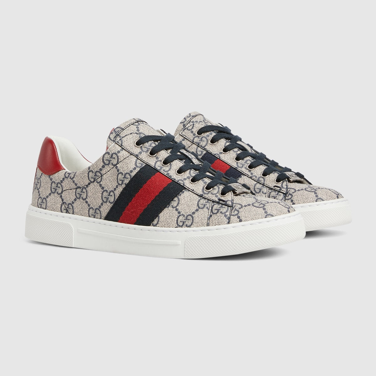 Women's Ace Lace-up sneaker with Web – a beige and blue GG Supreme canvas defines the shape, while a metal “ACE” tag shines – LUX VERSE Luxury Designer Fashion Outlet