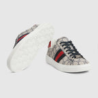 Women's Ace Lace-up sneaker with Web – a beige and blue GG Supreme canvas defines the shape, while a metal “ACE” tag shines – LUX VERSE Luxury Designer Fashion Outlet