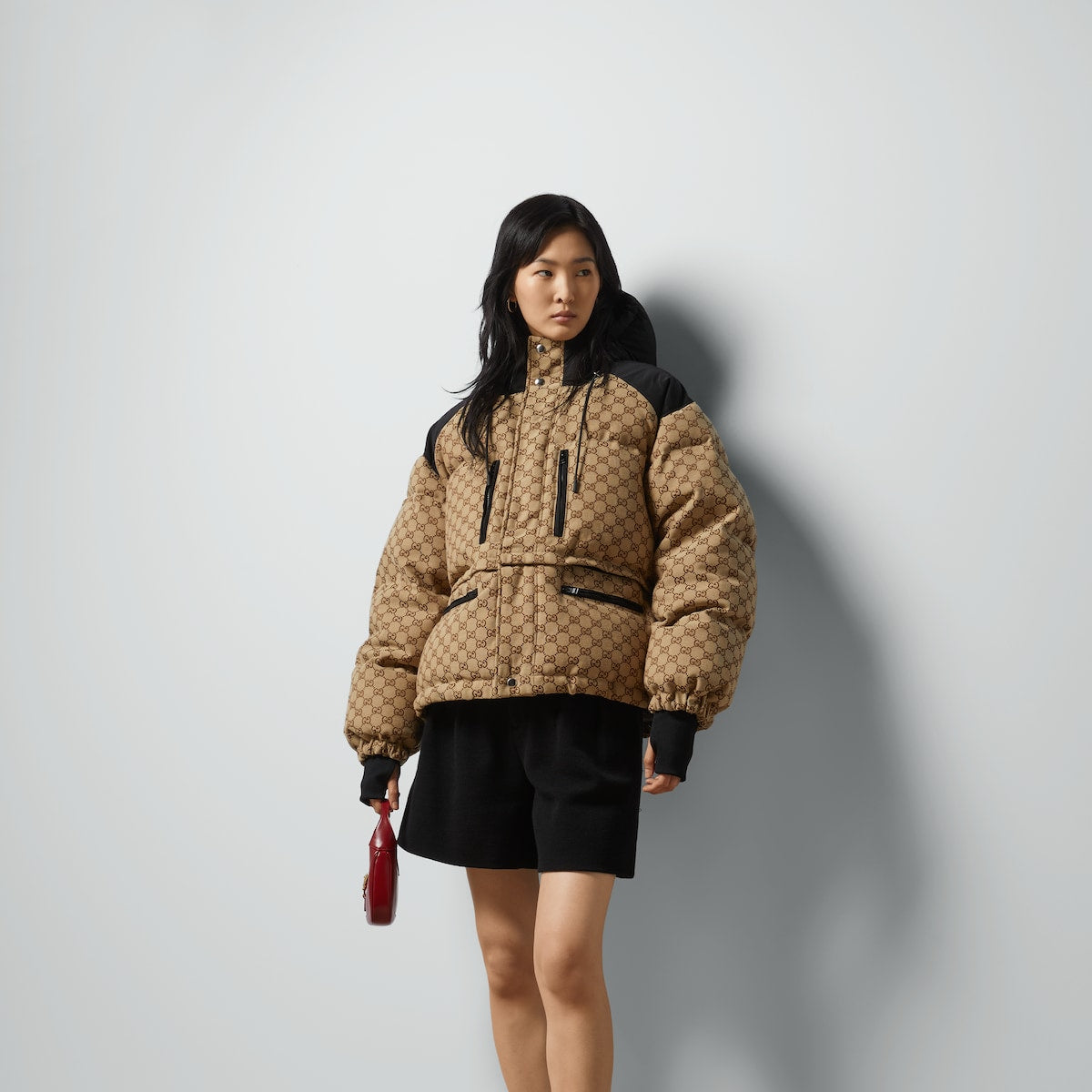 GG canvas bomber jacket – camel and ebony GG canvas Black trim Lined Fixed hood with drawstring Dropped – LUX VERSE Luxury Designer Fashion Outlet