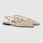 Women's slingback ballet flat – rose beige mesh with GG crystals Women's Tonal suede trim Leather sole Buckle – LUX VERSE Luxury Designer Fashion Outlet