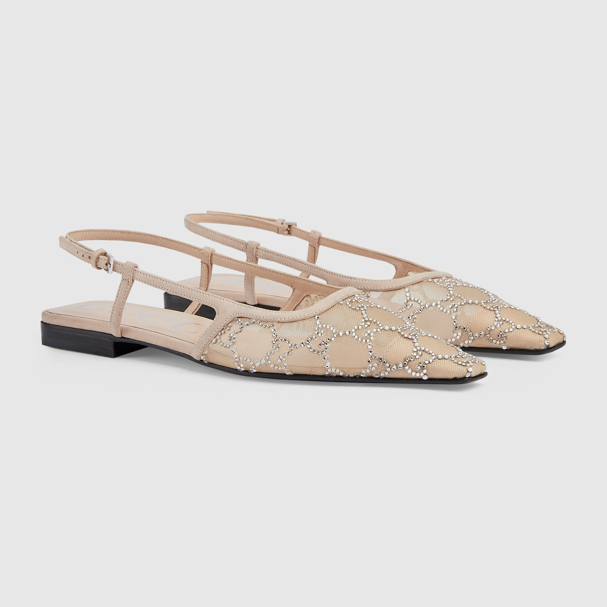 Women's slingback ballet flat – rose beige mesh with GG crystals Women's Tonal suede trim Leather sole Buckle – LUX VERSE Luxury Designer Fashion Outlet