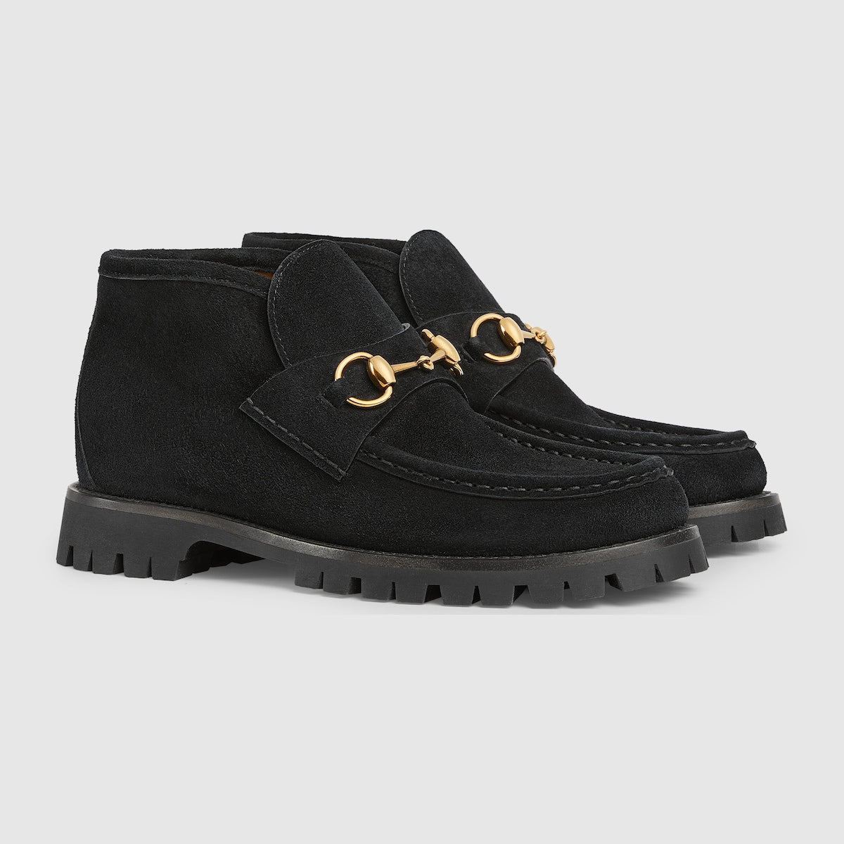 Horsebit ankle boot – black suede Women's Light gold-toned hardware Horsebit Rubber sole Flat Heel height: – LUX VERSE Luxury Designer Fashion Outlet
