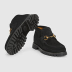 Horsebit ankle boot – black suede Women's Light gold-toned hardware Horsebit Rubber sole Flat Heel height: – LUX VERSE Luxury Designer Fashion Outlet