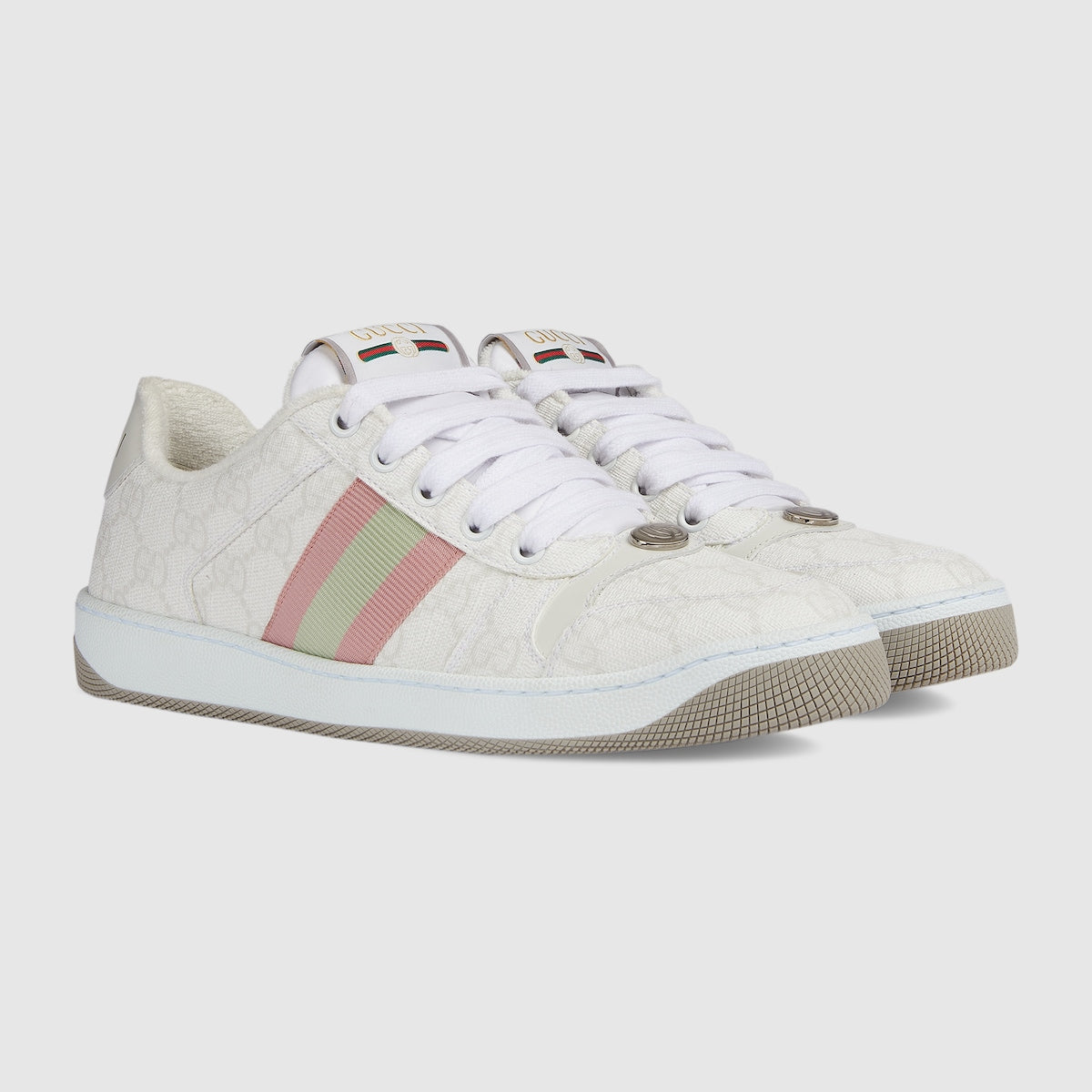 Women's Screener canvas sneaker – white GG Supreme canvas Women's Light grey leather details Pink and green Web Oval – LUX VERSE Luxury Designer Fashion Outlet
