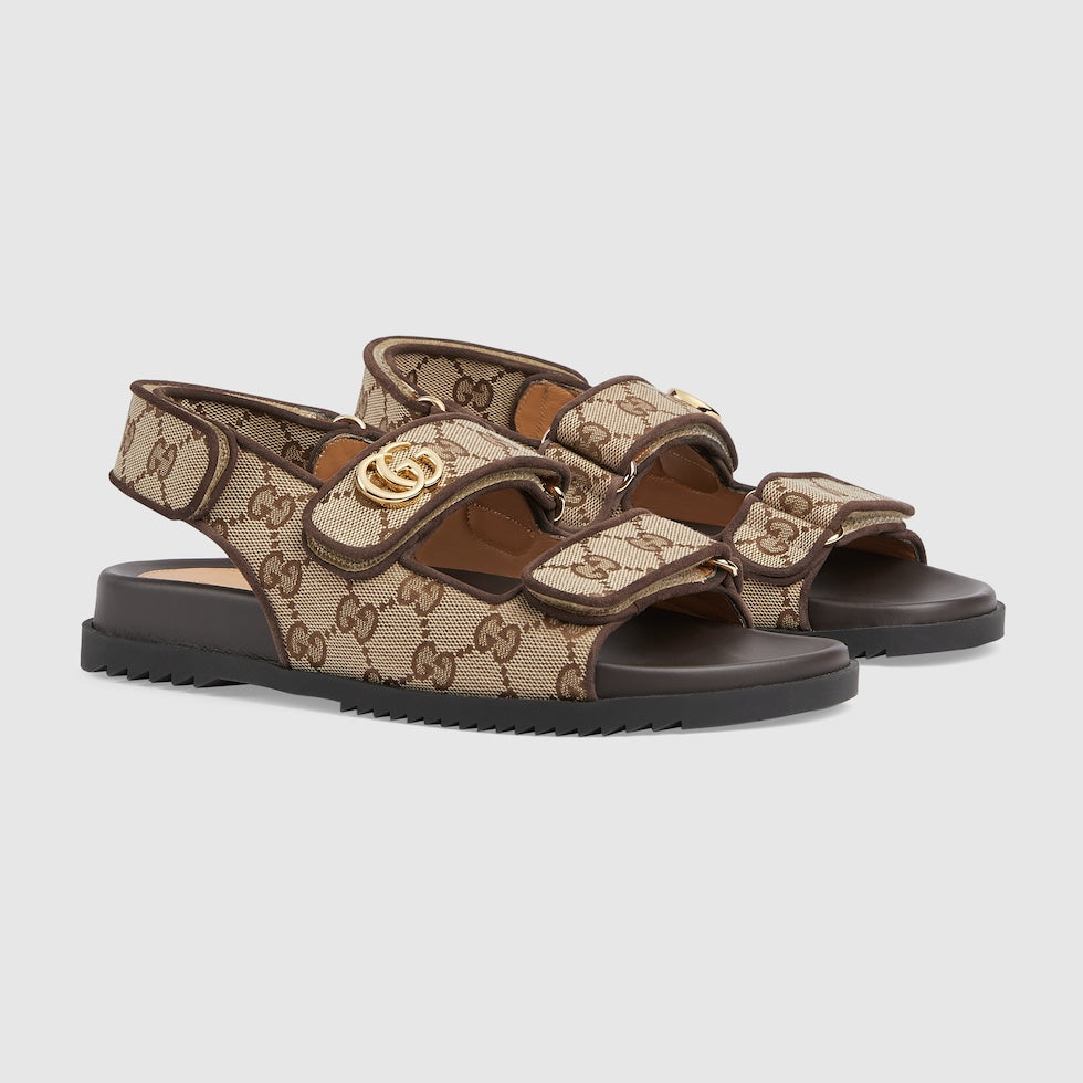 Women's leather sandal with Double G – black leather Women's Gold-tone hardware Double G Rubber sole Velcro straps Velcro – LUX VERSE Luxury Designer Fashion Outlet