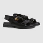 Women's Double G sandal – black leather Women's Gold-tone hardware Double G Rubber sole Velcro straps Velcro – LUX VERSE Luxury Designer Fashion Outlet