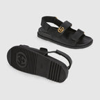 Women's Double G sandal – black leather Women's Gold-tone hardware Double G Rubber sole Velcro straps Velcro – LUX VERSE Luxury Designer Fashion Outlet