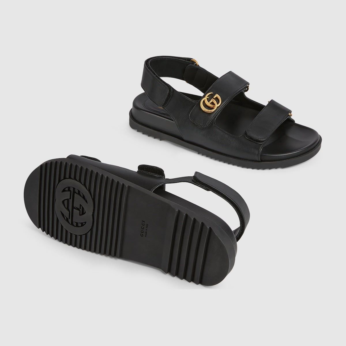 Women's Double G sandal – black leather Women's Gold-tone hardware Double G Rubber sole Velcro straps Velcro – LUX VERSE Luxury Designer Fashion Outlet