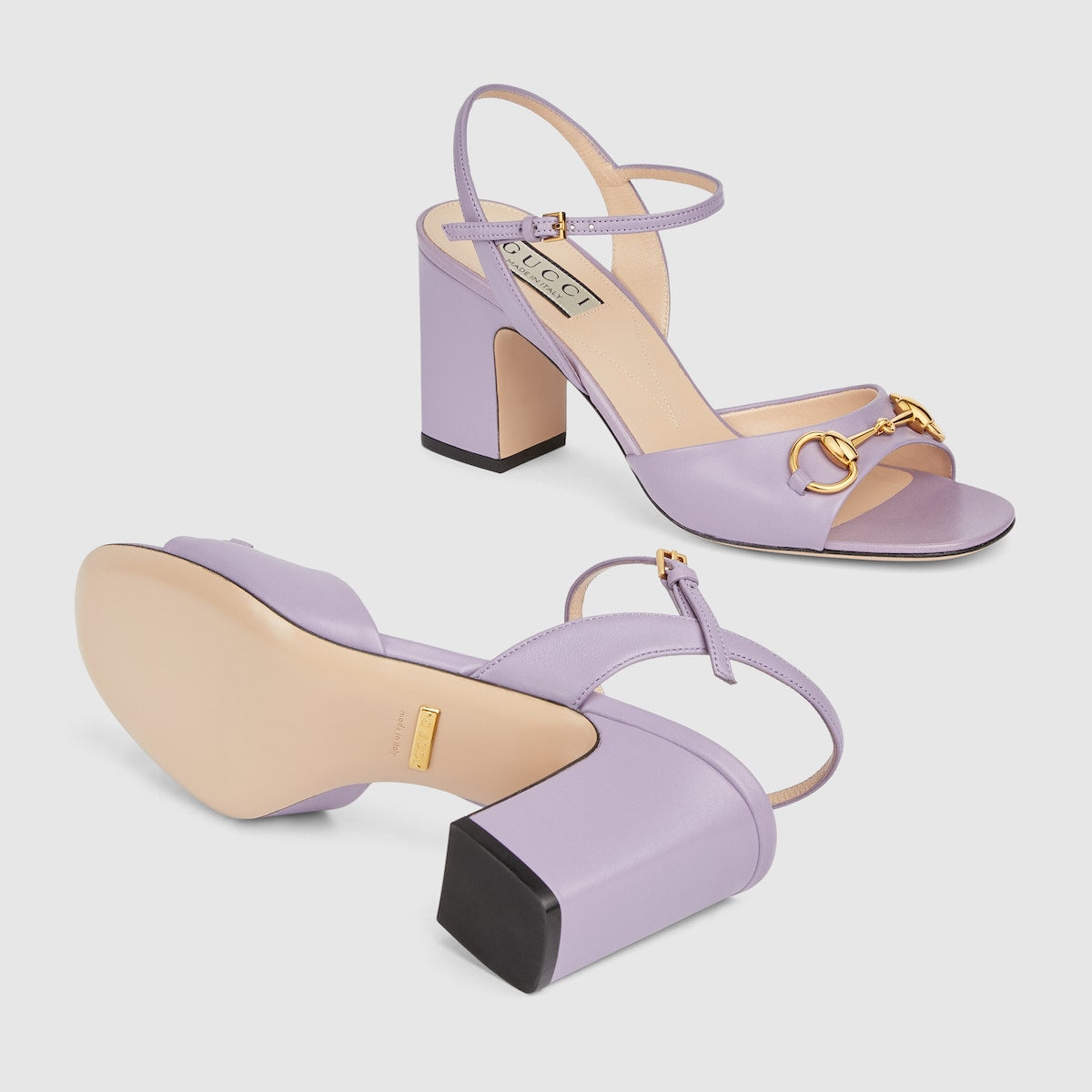 Mid-heel sandal with Horsebit – presented in lilac leather, this pair of sandals is completed by an ankle buckle – LUX VERSE Luxury Designer Fashion Outlet
