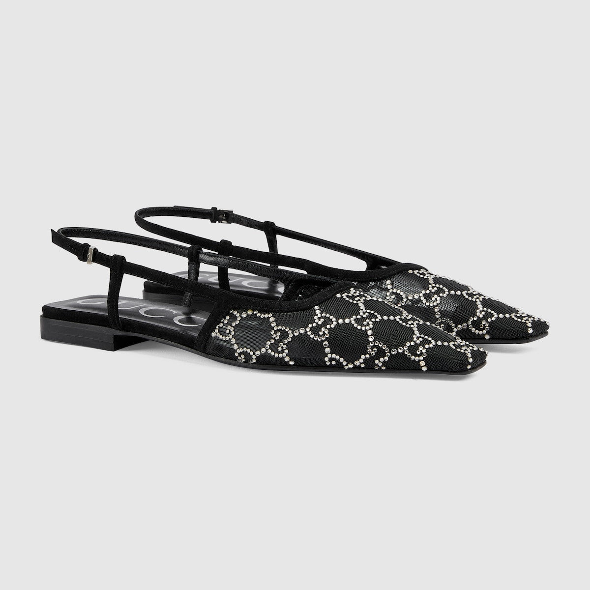 Women's GG slingback ballet flat – black mesh with GG crystals Women's Tonal suede trim Leather sole Buckle slingback – LUX VERSE Luxury Designer Fashion Outlet