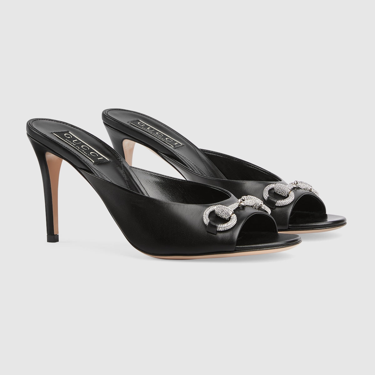 Mid-heel slide sandal – black leather Women's Horsebit with crystals Leather sole Mid-heel 3.3"heel height – LUX VERSE Luxury Designer Fashion Outlet