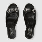 Mid-heel slide sandal – black leather Women's Horsebit with crystals Leather sole Mid-heel 3.3"heel height – LUX VERSE Luxury Designer Fashion Outlet