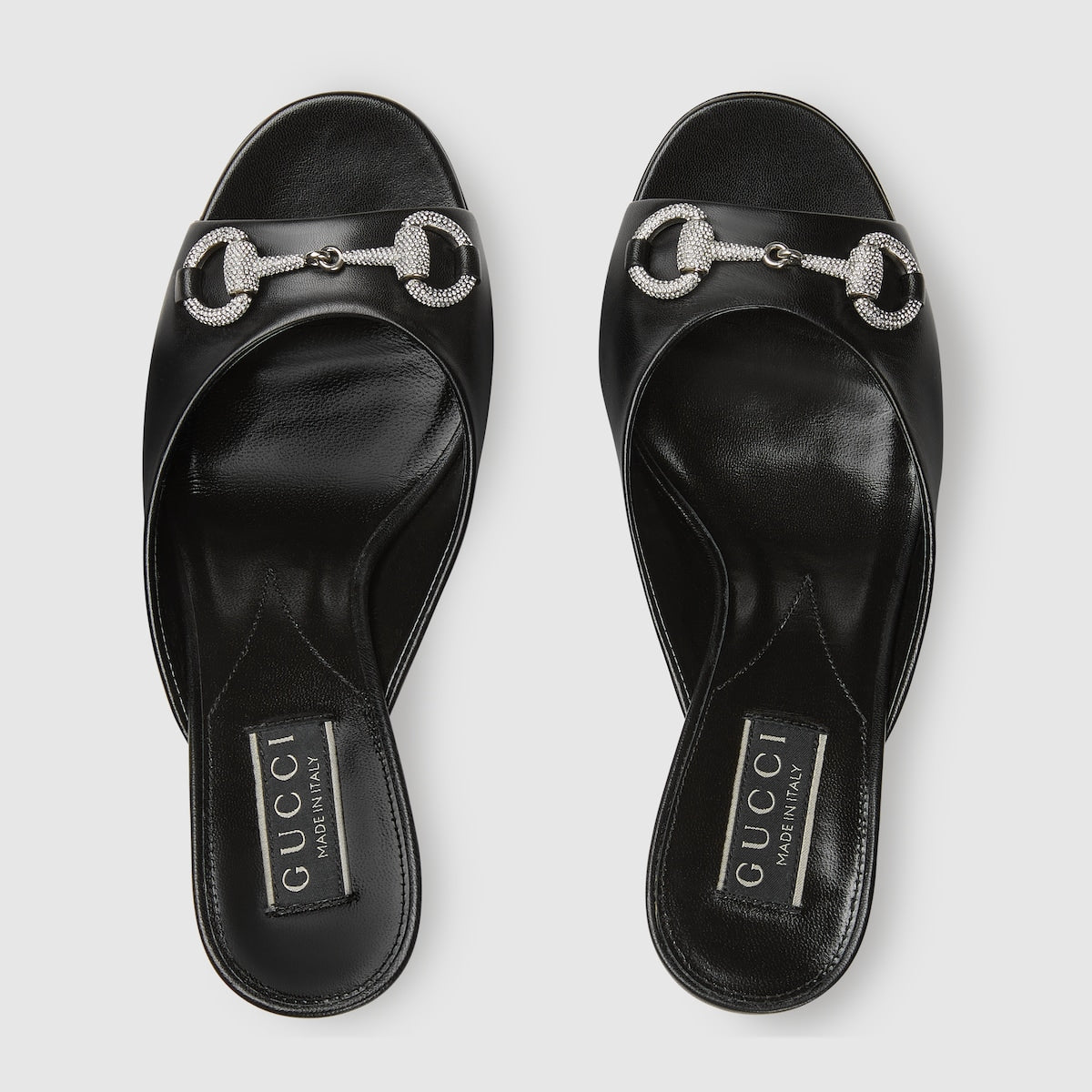 Mid-heel slide sandal – black leather Women's Horsebit with crystals Leather sole Mid-heel 3.3"heel height – LUX VERSE Luxury Designer Fashion Outlet