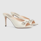 Women's mid-heel slide sandal – white leather Women's Horsebit with crystals Leather sole Mid-heel 3.3"heel height – LUX VERSE Luxury Designer Fashion Outlet