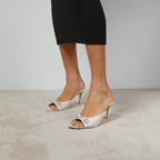 Women's mid-heel slide sandal – here, this pair of white leather slide sandals is defined by the Horsebit hardware – LUX VERSE Luxury Designer Fashion Outlet