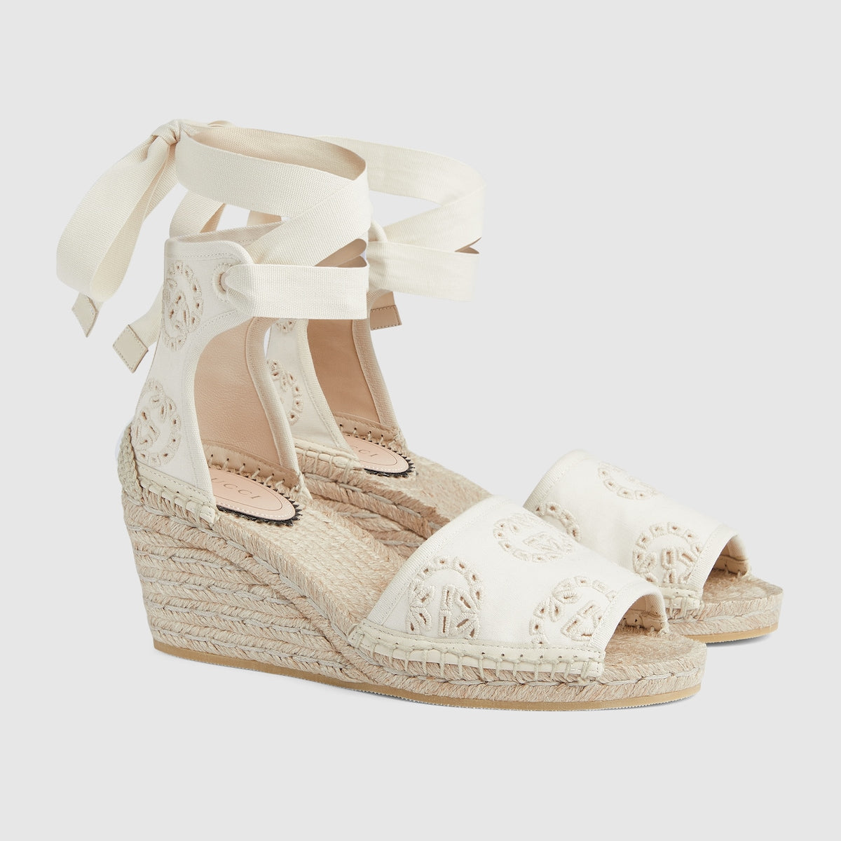 Women's espadrille with Interlocking G – ivory Interlocking G canvas Women's Cord platform with rubber sole Ribbon ankle tie – LUX VERSE Luxury Designer Fashion Outlet