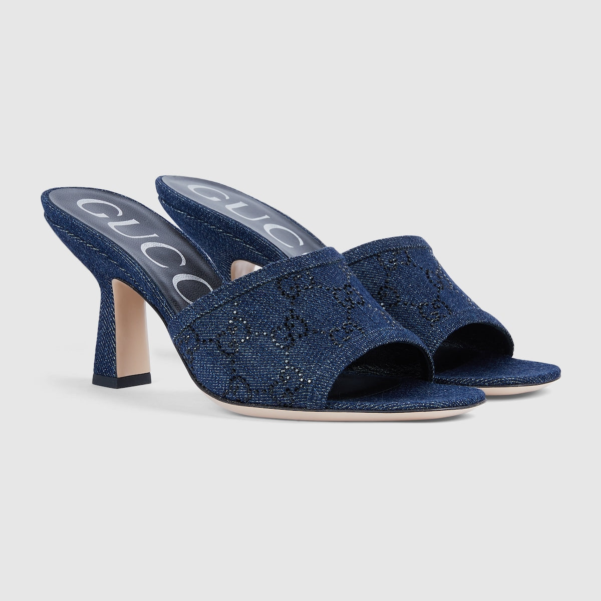 Women's GG slide sandal – blue denim with black GG crystals Women's Leather sole Mid-heel – LUX VERSE Luxury Designer Fashion Outlet
