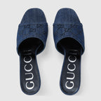 Women's GG slide sandal – blue denim with black GG crystals Women's Leather sole Mid-heel – LUX VERSE Luxury Designer Fashion Outlet
