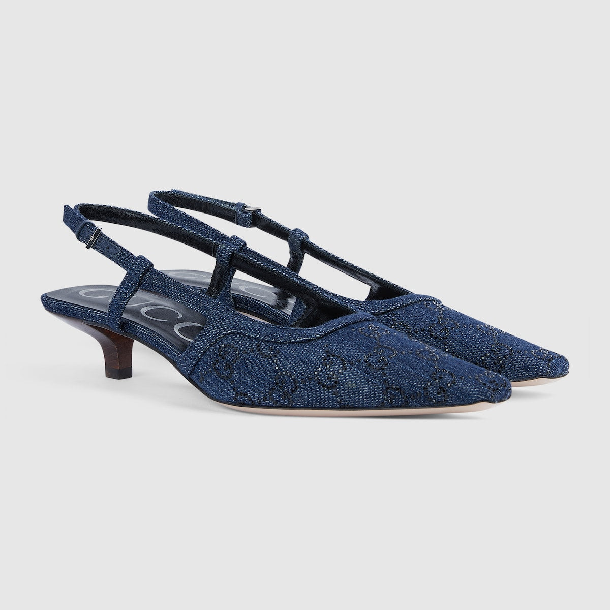 GG slingback pump – blue denim with black GG crystals Women's Leather sole Ankle buckle closure Low heel – LUX VERSE Luxury Designer Fashion Outlet