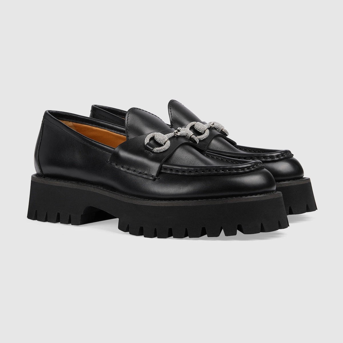 Women's lug sole loafer – black leather Women's Silver-toned hardware Horsebit with crystals Lug rubber sole – LUX VERSE Luxury Designer Fashion Outlet