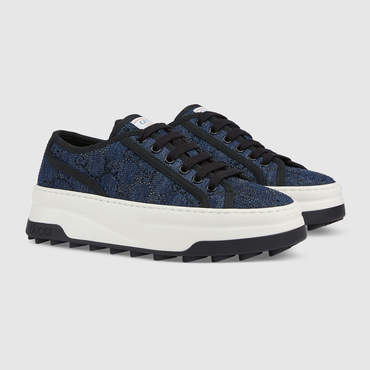 GG rhombi sneaker – blue denim with black GG crystals Women's Black grosgrain trim Tennis 1977 label – LUX VERSE Luxury Designer Fashion Outlet