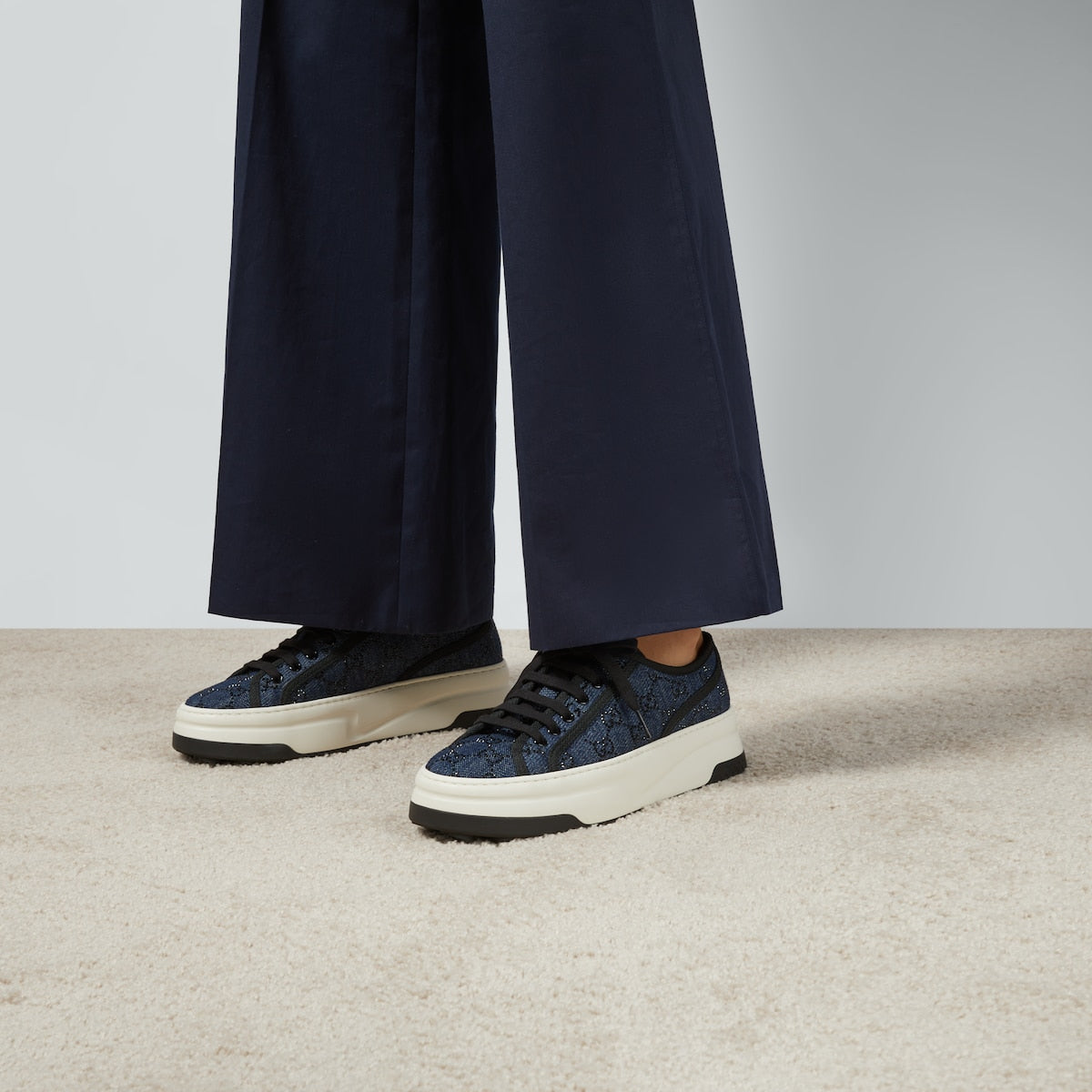 GG rhombi sneaker – presented in a blue denim with contrasting black GG crystals, this low-top sneaker – LUX VERSE Luxury Designer Fashion Outlet