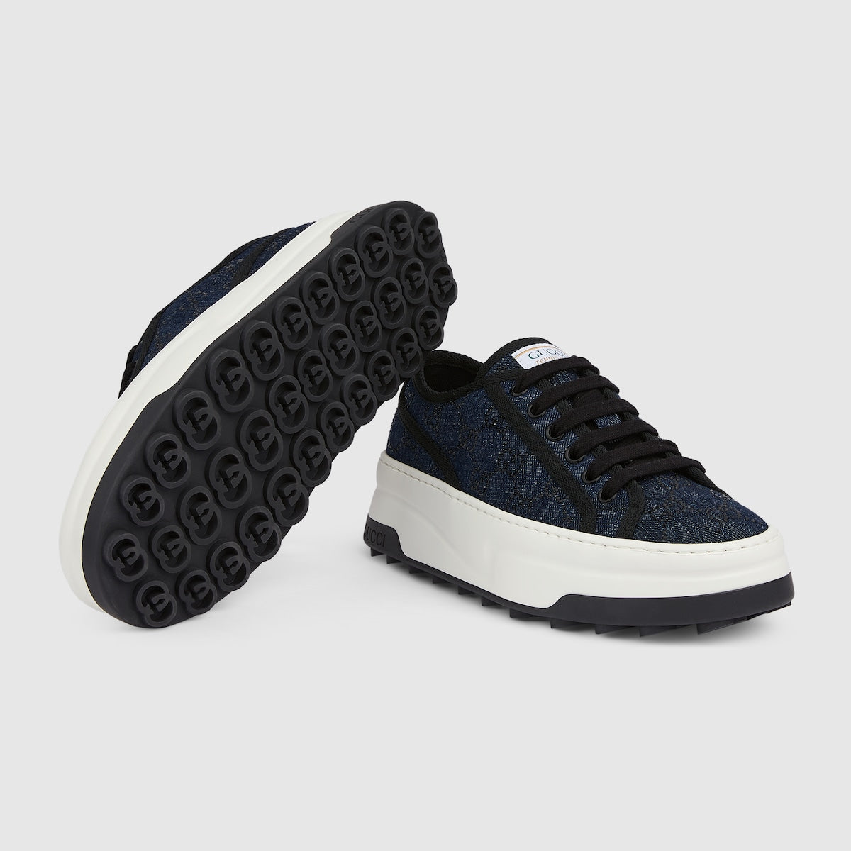GG rhombi sneaker – presented in a blue denim with contrasting black GG crystals, this low-top sneaker – LUX VERSE Luxury Designer Fashion Outlet