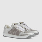Women's Screener GG sneaker – silver satin with GG crystals Women's Metallic silver leather Lettering on heel Oval – LUX VERSE Luxury Designer Fashion Outlet