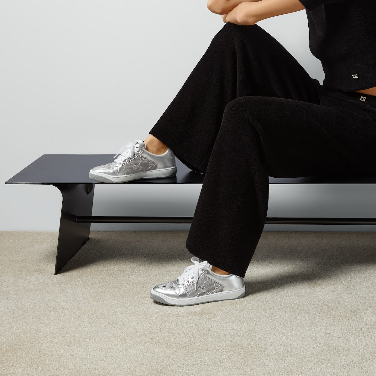 Women's Screener GG sneaker – this variation appears in a shiny metallic silver leather with GG crystals – LUX VERSE Luxury Designer Fashion Outlet