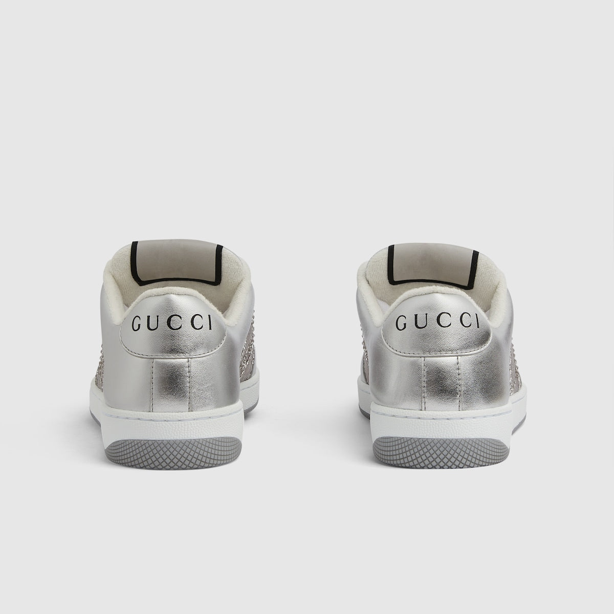 Women's Screener GG sneaker – this variation appears in a shiny metallic silver leather with GG crystals – LUX VERSE Luxury Designer Fashion Outlet