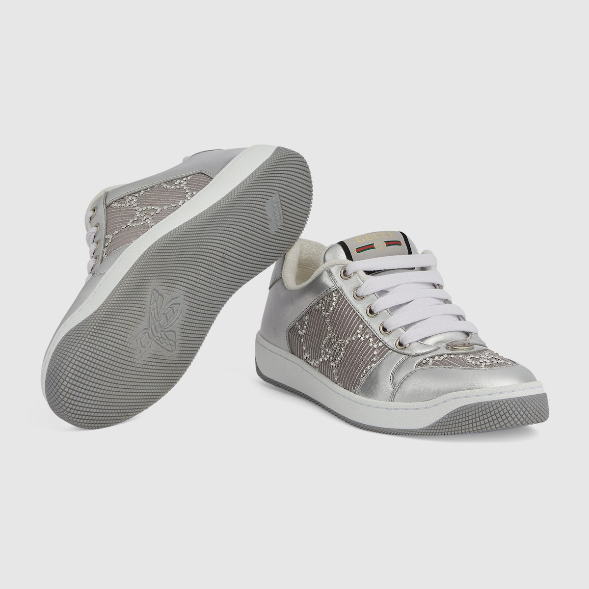Women's Screener GG sneaker – silver satin with GG crystals Women's Metallic silver leather Lettering on heel Oval – LUX VERSE Luxury Designer Fashion Outlet