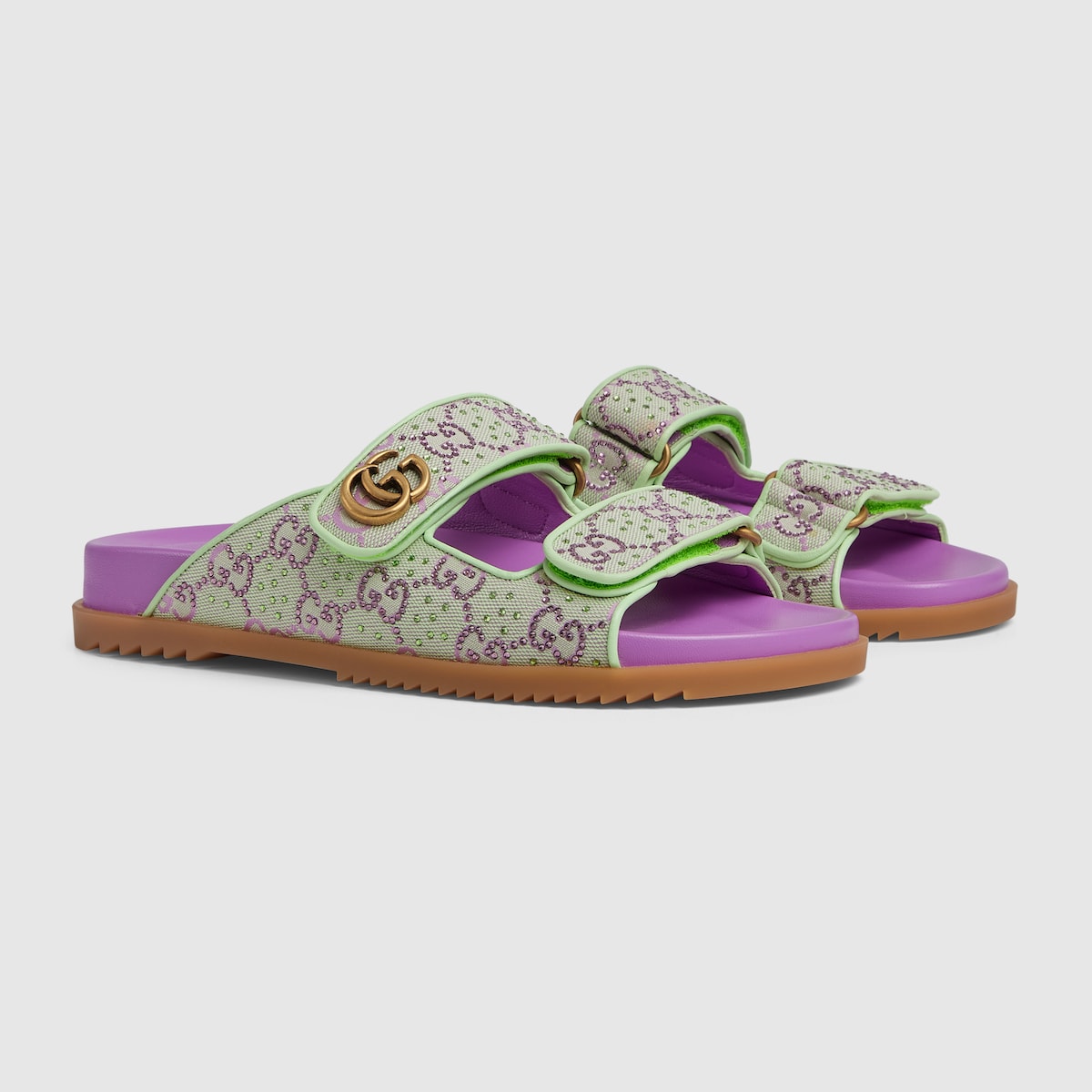 Sandal with Double G – crafted from purple and green GG Crystal canvas, the accessory is defined by – LUX VERSE Luxury Designer Fashion Outlet