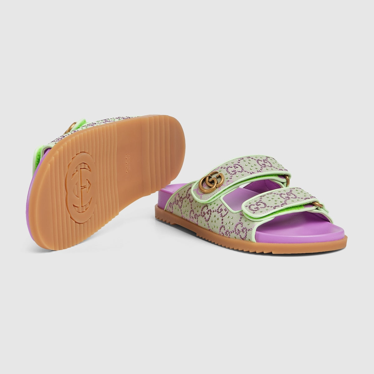 Sandal with Double G – crafted from purple and green GG Crystal canvas, the accessory is defined by – LUX VERSE Luxury Designer Fashion Outlet