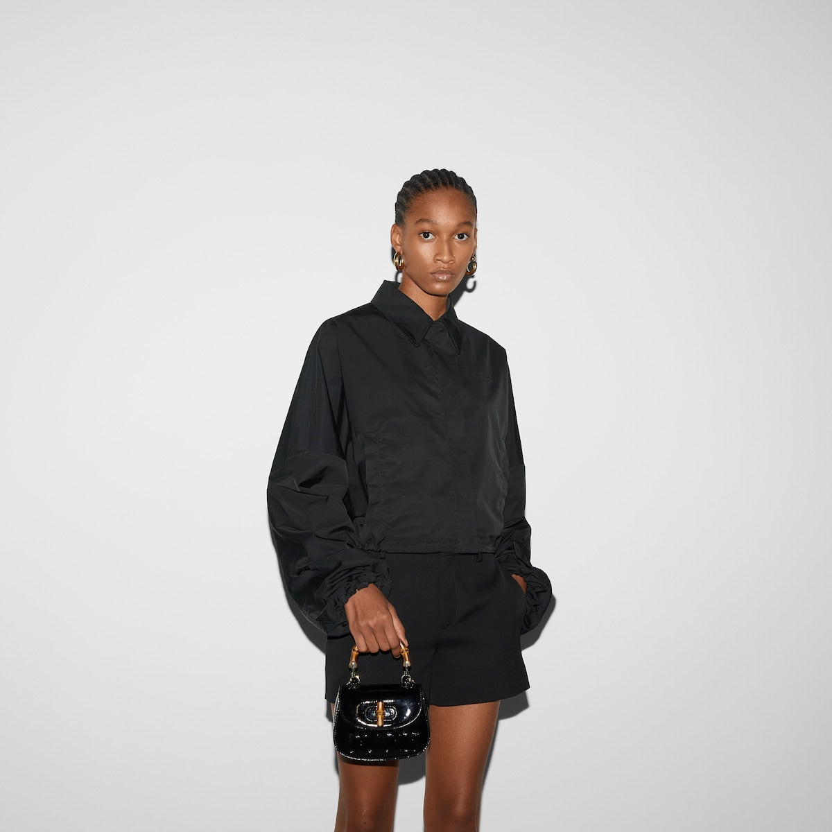 Polyester twill bomber jacket – black polyester twill Embroidery Unlined Point neck Adjustable drawstring at the hem – LUX VERSE Luxury Designer Fashion Outlet