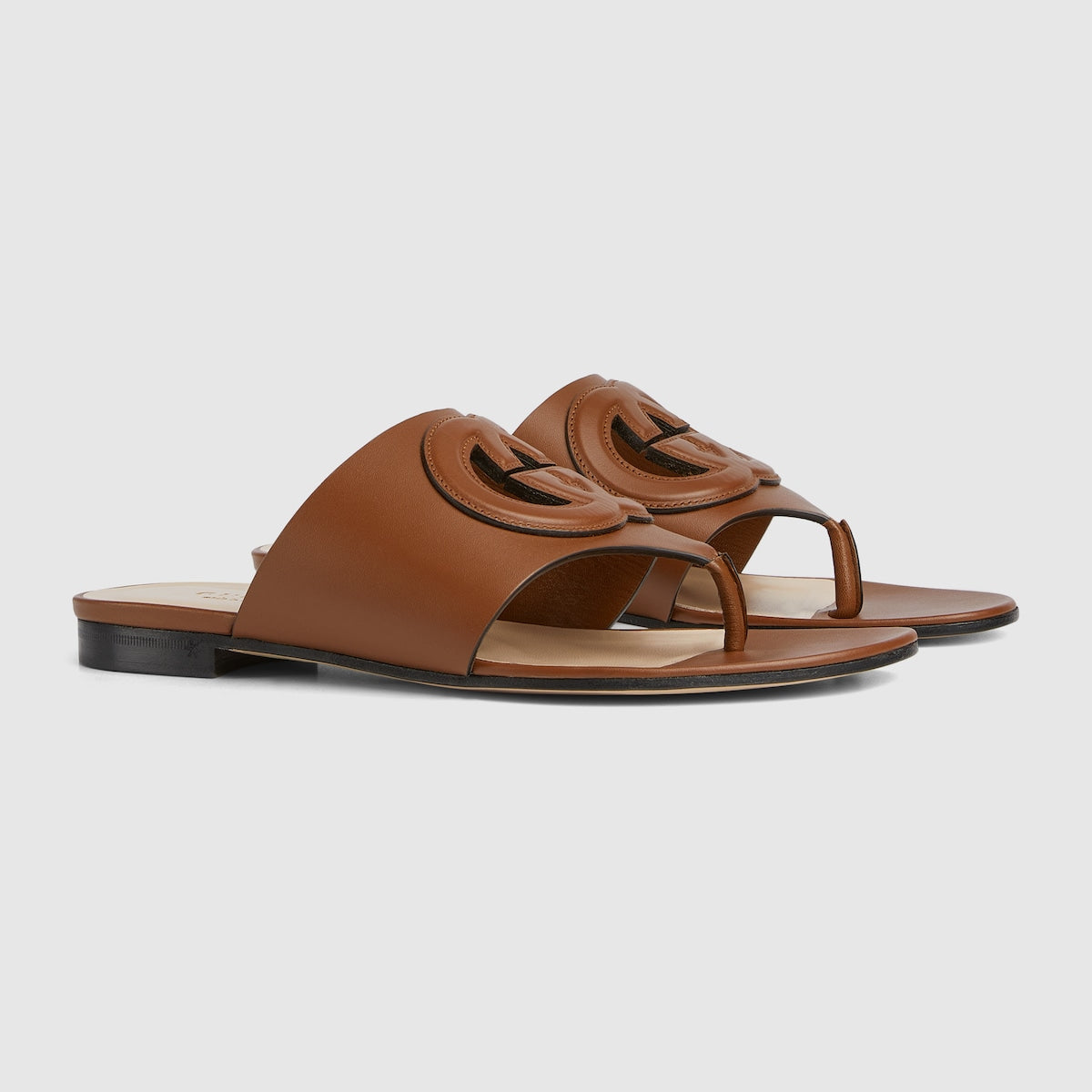 Interlocking G cut-out sandal – brown leather Women's Interlocking G cut-out Leather sole Flat 0.3"height, based on – LUX VERSE Luxury Designer Fashion Outlet