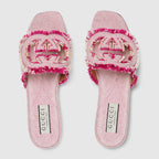 Interlocking slide sandal – fuchsia canvas Women's Frayed Interlocking G cut-out Leather sole Flat 0.4"height, – LUX VERSE Luxury Designer Fashion Outlet