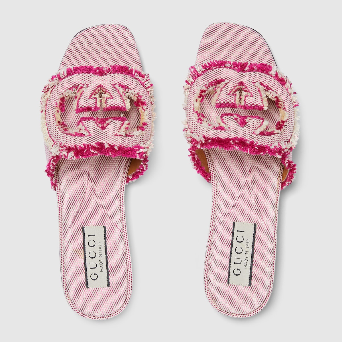Interlocking slide sandal – fuchsia canvas Women's Frayed Interlocking G cut-out Leather sole Flat 0.4"height, – LUX VERSE Luxury Designer Fashion Outlet
