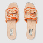Women's Interlocking G sandal – orange canvas Women's Frayed Interlocking G cut-out Leather sole Flat 0.4"height, – LUX VERSE Luxury Designer Fashion Outlet