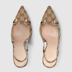 Women's canvas slingback pump – the beige and brown motif is accentuated by brown leather trim and light gold-toned – LUX VERSE Luxury Designer Fashion Outlet