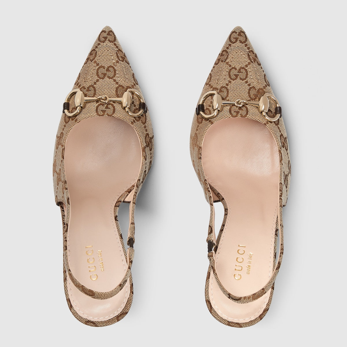Women's canvas slingback pump – the beige and brown motif is accentuated by brown leather trim and light gold-toned – LUX VERSE Luxury Designer Fashion Outlet