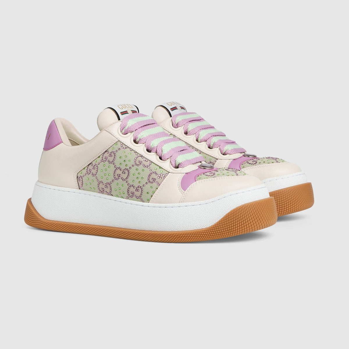Screener leather Sneaker – this variation, in white purple leather is defined by a GG Crystal canvas insert – LUX VERSE Luxury Designer Fashion Outlet