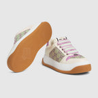 Screener leather Sneaker – this variation, in white purple leather is defined by a GG Crystal canvas insert – LUX VERSE Luxury Designer Fashion Outlet