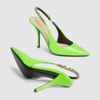 Signoria elastic slingback pump – electric green patent leather Women's Pointed toe Stitched by hand Leather sole – LUX VERSE Luxury Designer Fashion Outlet