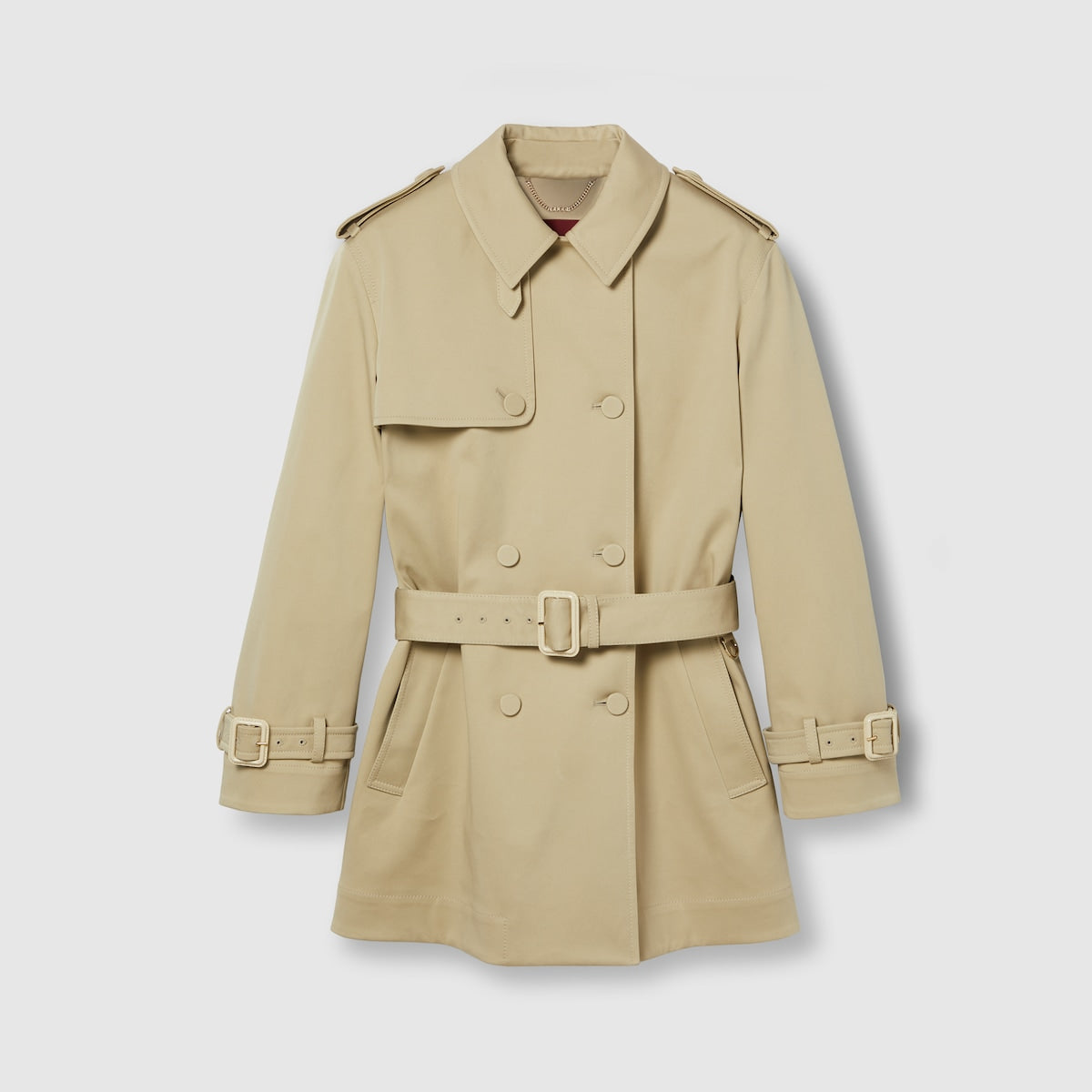 Cotton stretch garbardine coat – crafted from a beige stretch cotton garbadine, this short coat highlights a relaxed – LUX VERSE Luxury Designer Fashion Outlet