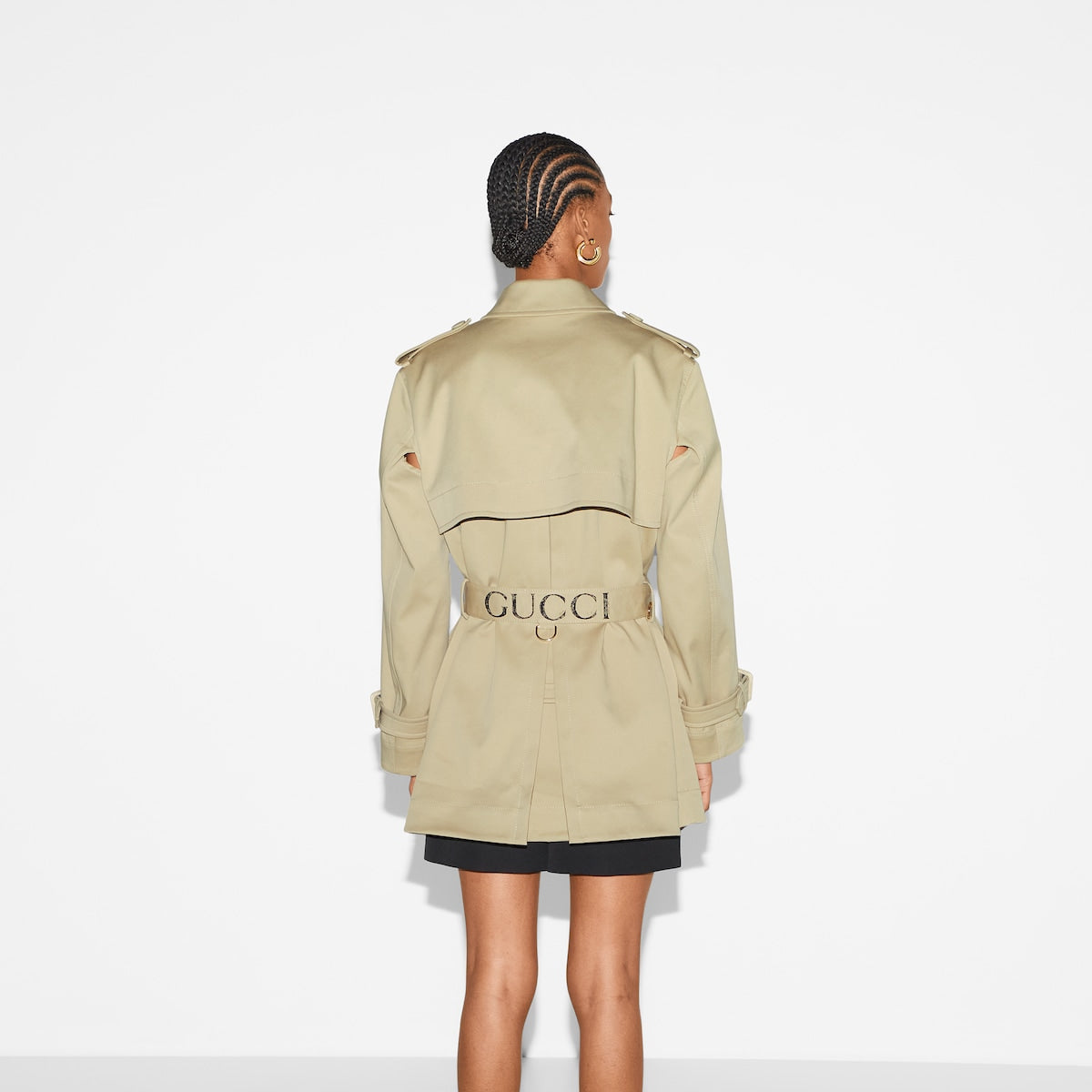 Cotton stretch garbardine coat – crafted from a beige stretch cotton garbadine, this short coat highlights a relaxed – LUX VERSE Luxury Designer Fashion Outlet
